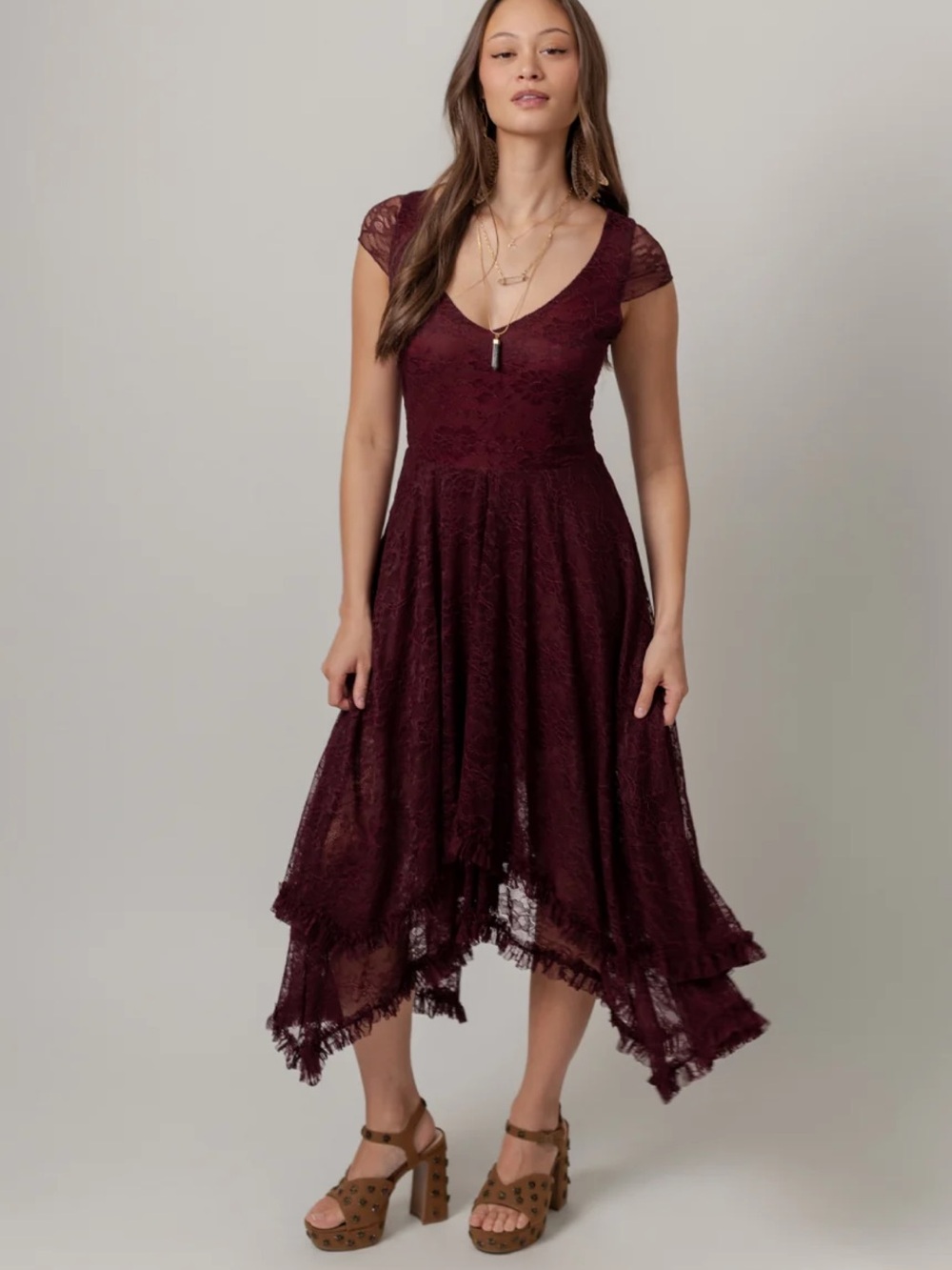Joyfolie Familia Dress in Oxblood- Lace Fit-and-Flare Handkerchief Hem Dress